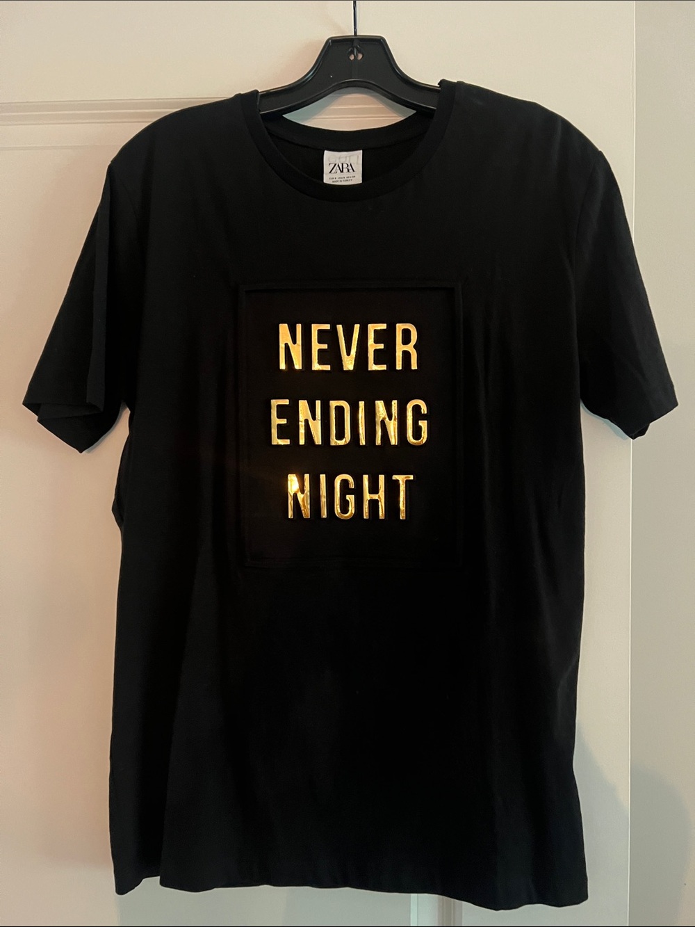 Zara Black Short-Sleeve Tee with Gold Foil "Never Ending Night"